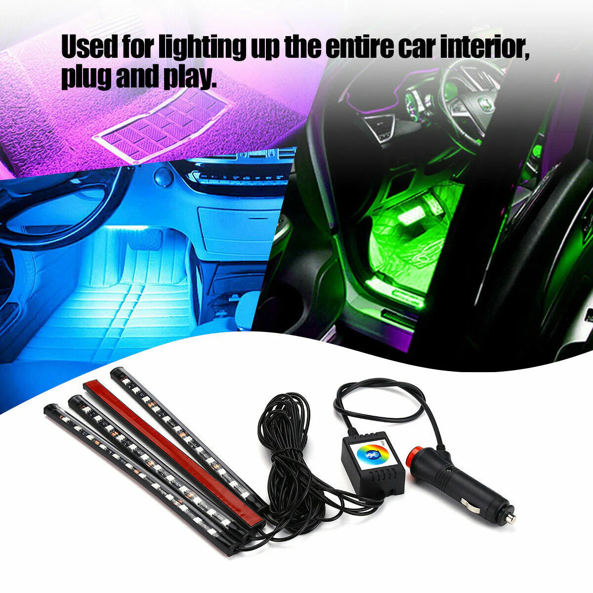 4X 48LED RGB Car Interior Atmosphere Light Strip Bar Bluetooth